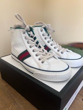 Gucci White High-Top Sneakers with Green and Red Web Stripe